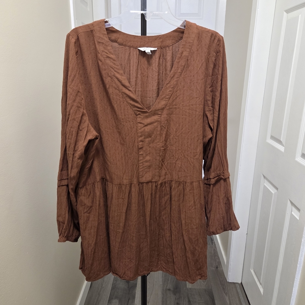 Reitmans Plus Size 100% Viscose Rust Brown V-Neck Peasant Tunic Top Boho - Picture 2 of 9